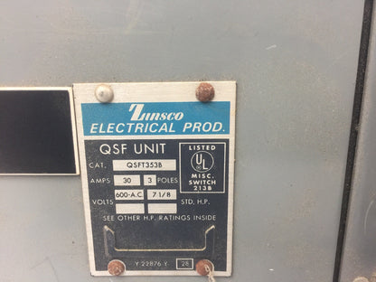 ZINSCO QSFT353B TWIN PANELBOARD FUSIBLE 30AMP 600VAC 3 POLE 7 1/8 HP