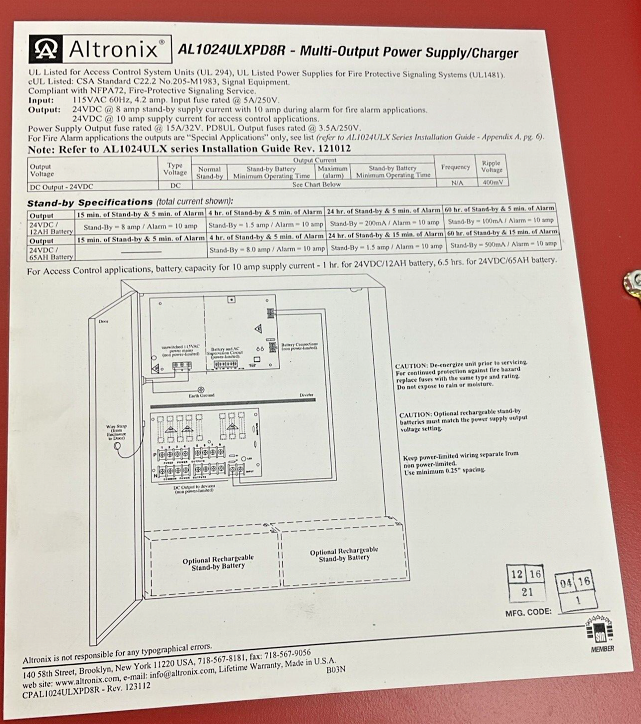 ALTRONIX AL1024ULXPD8R POWER SUPPLY/CHARGER 115VAC 24VDC