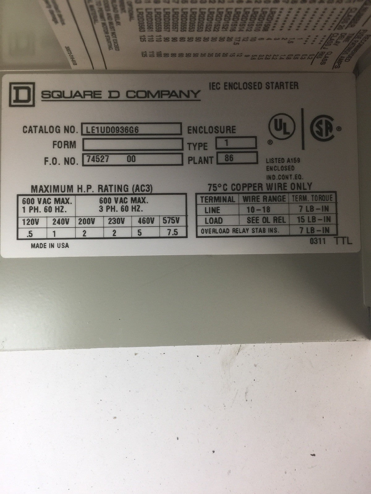 SQUARE D LE1UD0936G6 AC MAGNETIC STARTER 600VAC 3PH COIL 120V 60HZ TYPE 1 ENCLOS