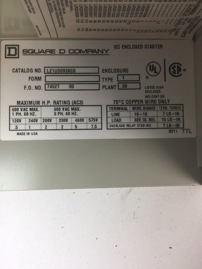 SQUARE D LE1UD0936G6 AC MAGNETIC STARTER 600VAC 3PH COIL 120V 60HZ TYPE 1 ENCLOS