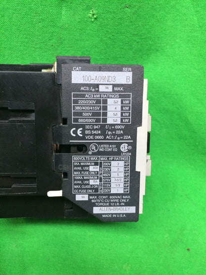 ALLEN BRADLEY 100-A09ND3 CONTACTOR SERIES B 9 AMP