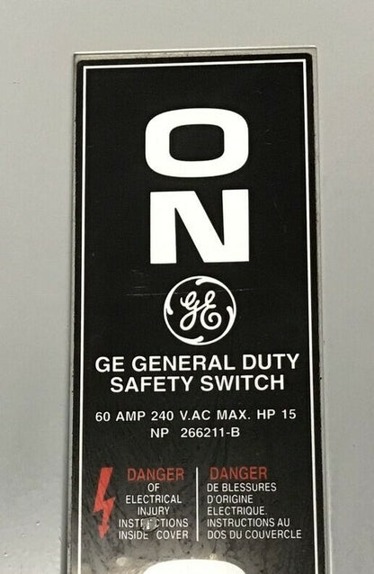 GE TGN3322 SAFETY SWITCH MODEL 8 240VAC/250VDC 60A TYPE 1 NON FUSIBLE 15HP