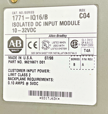 ALLEN BRADLEY 1771-IQ16 PLC ISOLATED INPUT MODULE SER.B REV.C04 32VDC FW REV.A