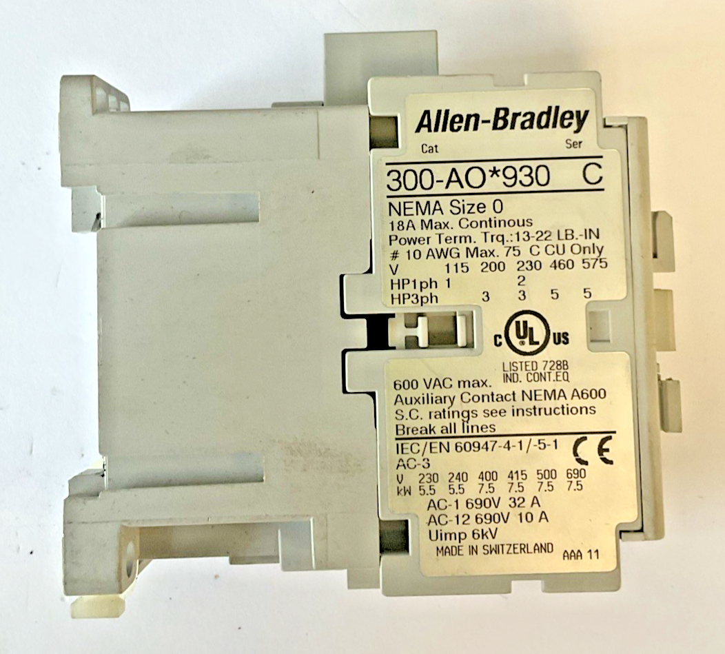ALLEN BRADLEY 300-AO*930 CONTACTOR SER.C 600VAC SIZE 0