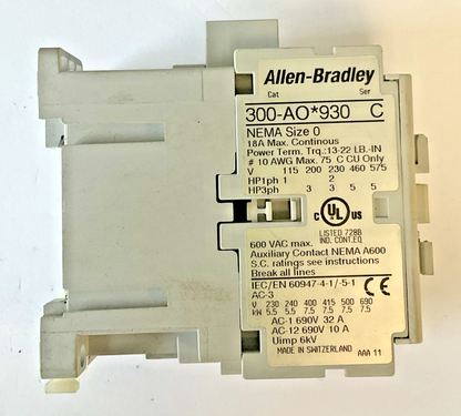 ALLEN BRADLEY 300-AO*930 CONTACTOR SER.C 600VAC SIZE 0
