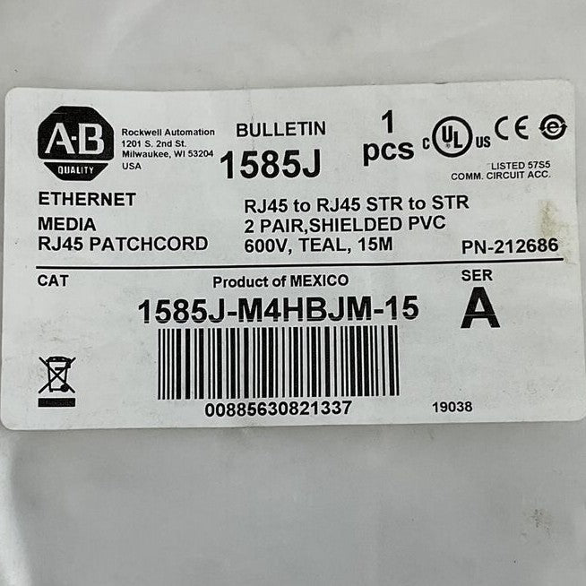 ALLEN BRADLEY 1585J-M4HBJM-15 ETHERNET MEDIA CABLE RJ45 PATCH CORD SER.A 15M