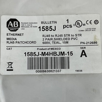ALLEN BRADLEY 1585J-M4HBJM-15 ETHERNET MEDIA CABLE RJ45 PATCH CORD SER.A 15M