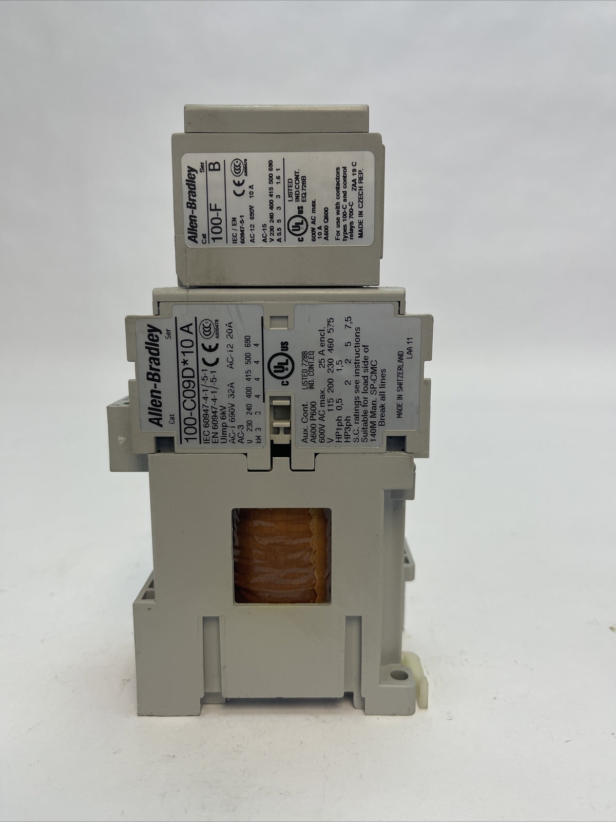 ALLEN BRADLEY 100-C09D*10 SER A CONTACTOR 600VAC 25A 7.5HP 3PH 100-F SER B 10A