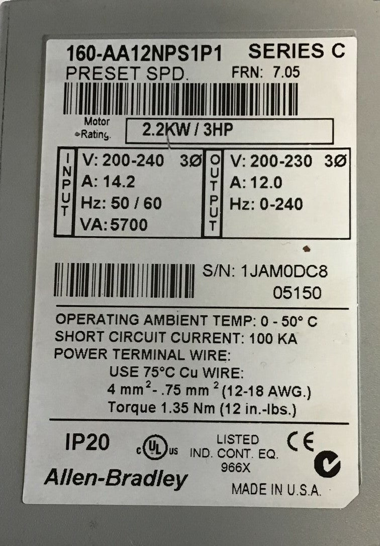 ALLEN BRADLEY 160-AA12NPS1P1 SPEED CONTROLLER SER.C FRN:7.05 2.2KW/ 3HP 230V