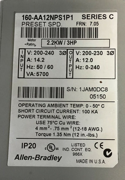 ALLEN BRADLEY 160-AA12NPS1P1 SPEED CONTROLLER SER.C FRN:7.05 2.2KW/ 3HP 230V