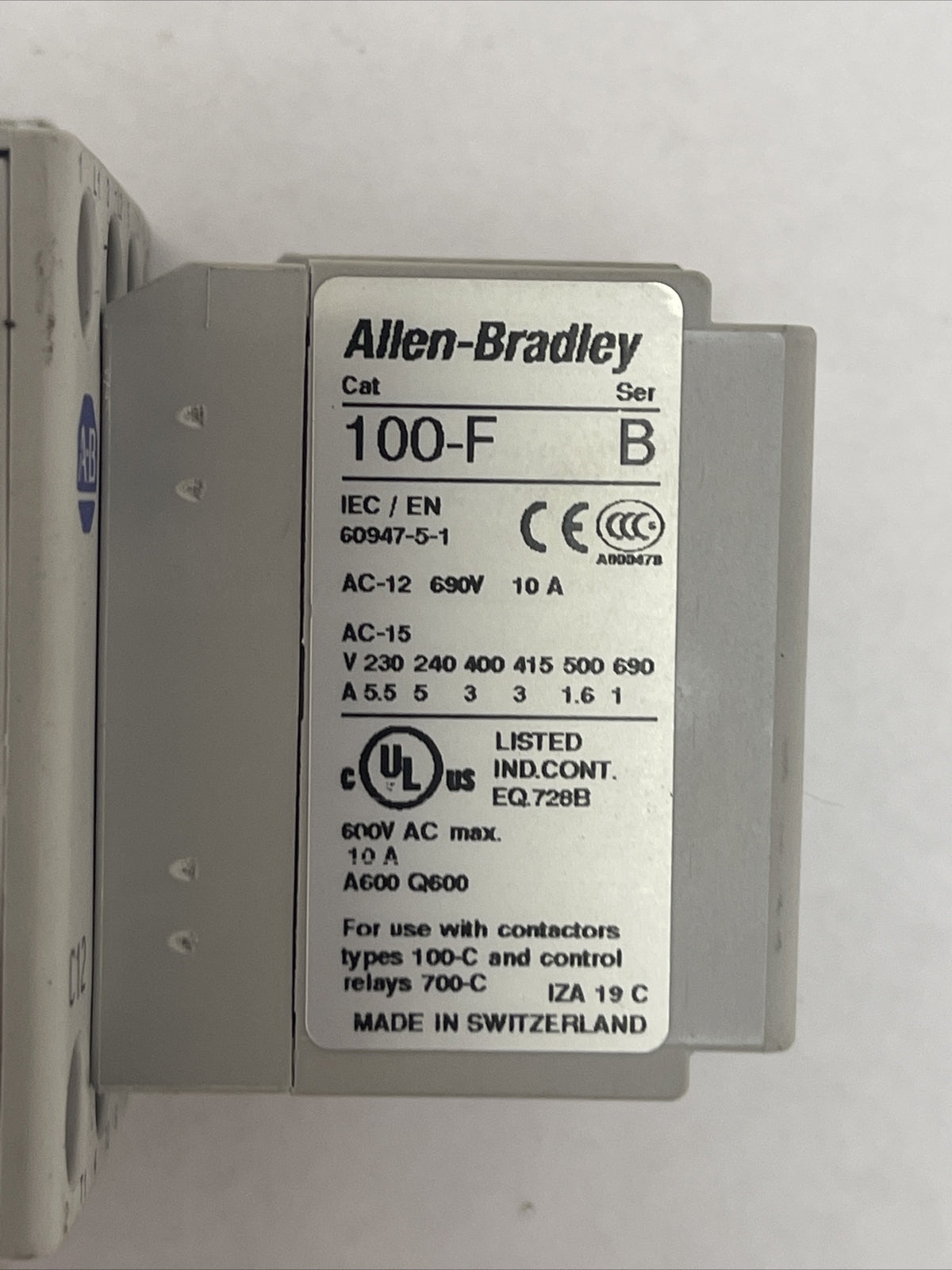 ALLEN BRADLEY 100-C12D*10 CONTACTOR SER A 600VAC 25A 10HP COIL 24VDC 100-F SER B