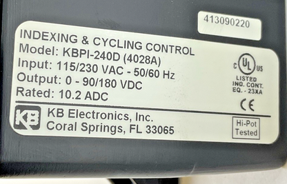 KB ELECTRONICS KBPI-240D CONTROL UNIT 180VDC 10.2ADC 4028A 50/60HZ 230VAC