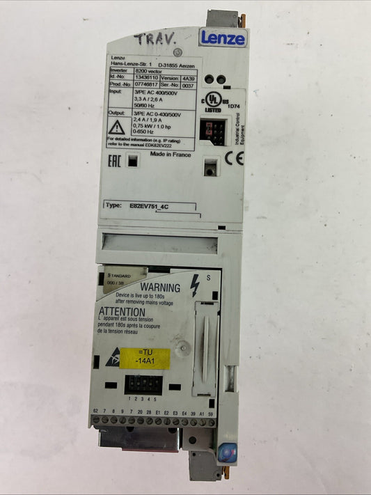 LENZE E82EV751-4C INVERTER OUTPUT 0-400/500VAC 2.4/1.9A 0.75kW/1HP D-31855