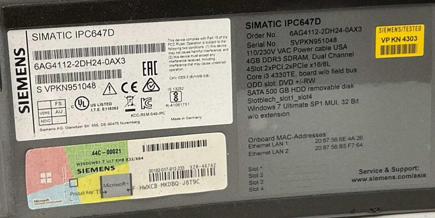 SIEMENS 6AG4112-2DH24-0AX3 RACK PC 110/230VAC 4GB DDR3 SDRAM SIMATIC IPC647D