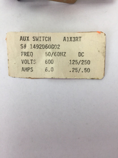 WESTINGHOUSE/CUTLER HAMMER A1X3RT AUXILIARY SWITCH 600VAC 125/250VDC 1492D60G02