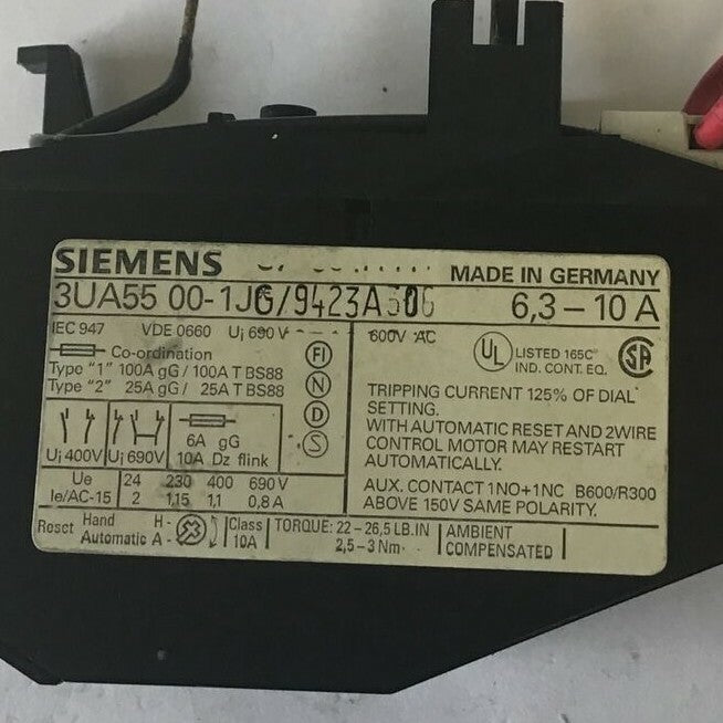 SIEMENS 3UA5500-1JG RELAY 6,3-10A 600VAC