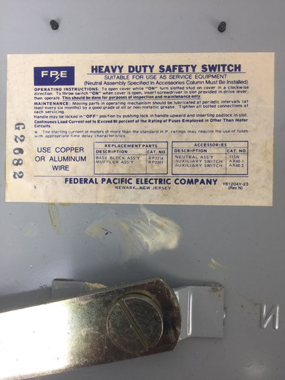 FPE 5636R HEAVY DUTY SAFETY SWITCH 60A 600VAC 3 POLE 50HP FEDERAL PACIFIC ELECTR