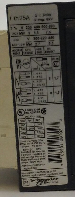 Telemecanique Contactor LC1D12F7, 110VAC F7 coil (NEW SURPLUS) LC1D12 F7 coil