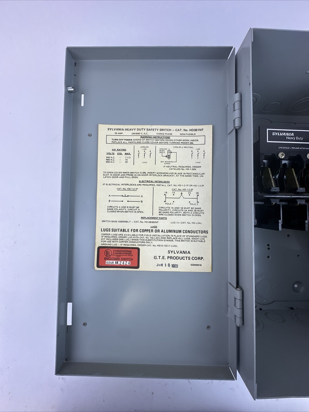 SYLVANIA HD361NF SAFETY SWITCH NON-FUSIBLE 30AMP 240-600VAC 3PH 20HP MAX