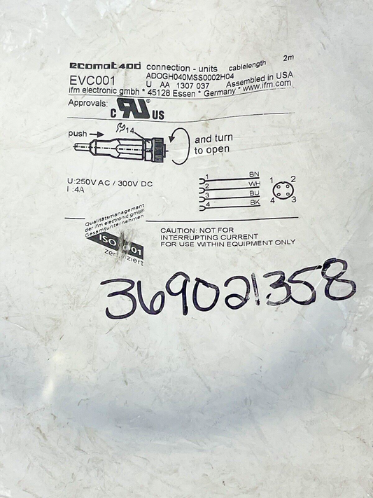 IFM ELECTRONICS - ECOMAT - EVC001 - CONNECTOR - 250V AC/ 300V DC - 2M - CORDSET