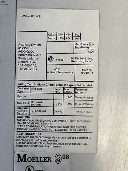 MOELLER NZMH4-AE CIRCUIT BREAKER 600VAC 1200A NZM4-XUHIV20 24VDC NZM H4-AE800A