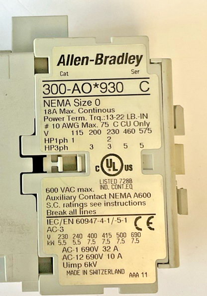 ALLEN BRADLEY 300-AO*930 CONTACTOR SER.C 600VAC SIZE 0