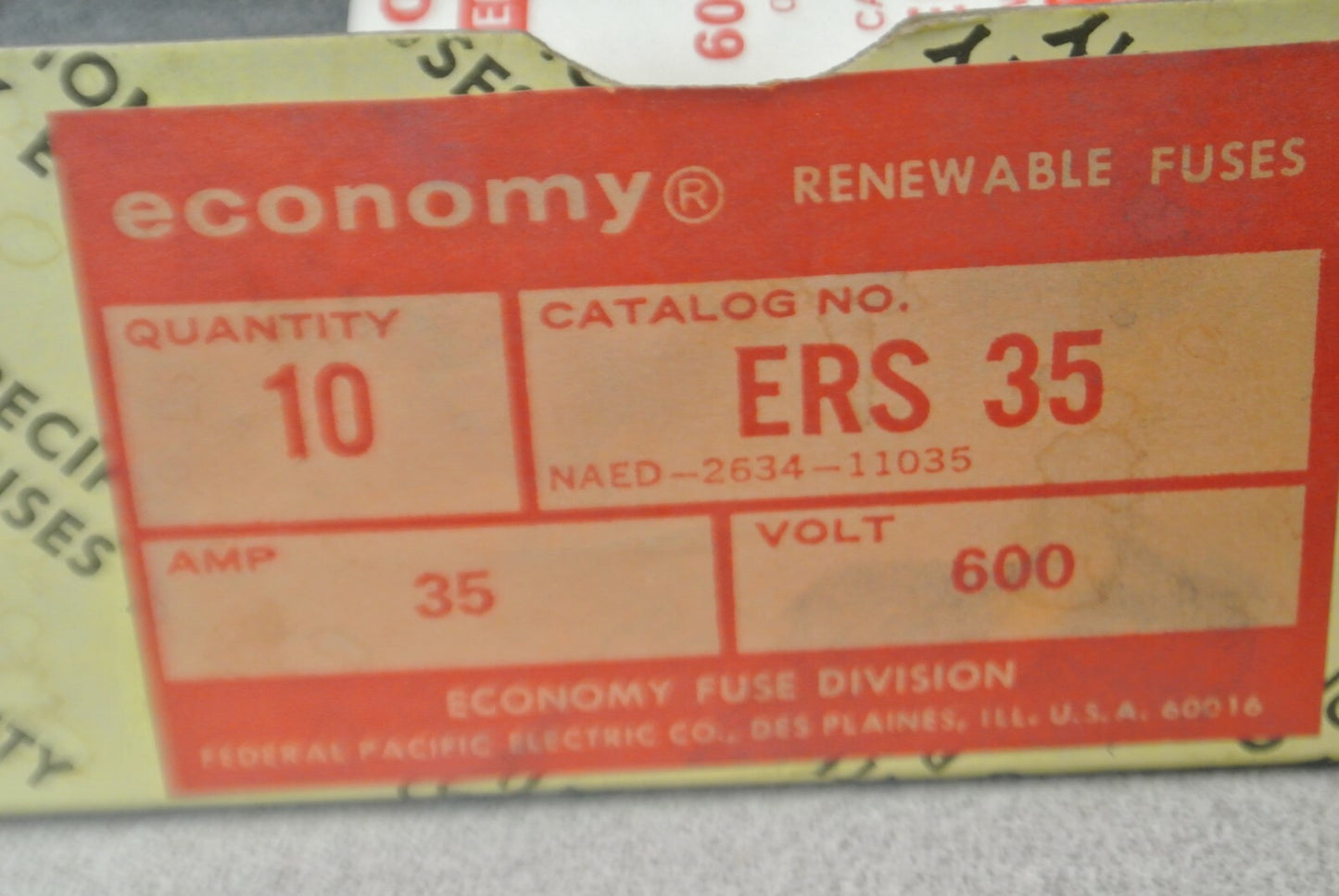 BOX of 10 ECONOMY / FEDERAL PACIFIC ELECTRIC ERS35 FUSE 35A / 600V / NEW SURPLUS