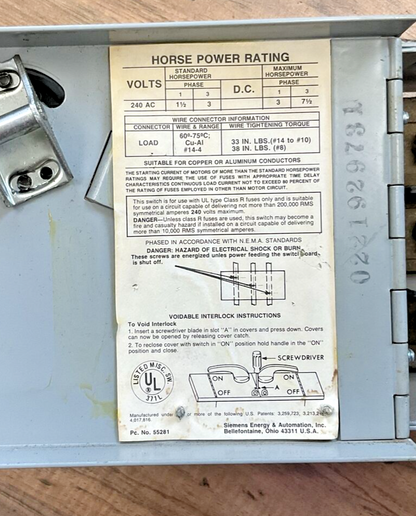ITE SIEMENS V2B3211R VACU-BREAK PANELBOARD SWITCH SER.A 240V 30A 3POLE 3PH
