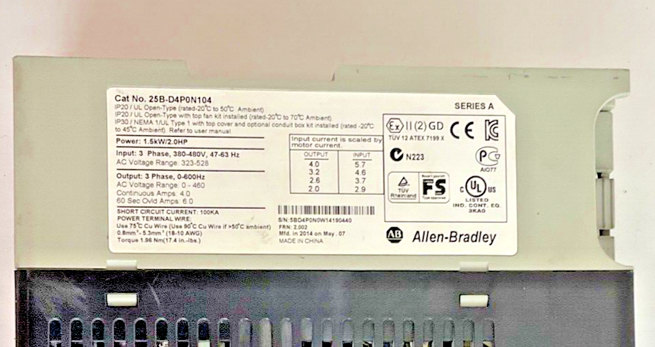 ALLEN BRADLEY 25B-D4P0N104 POWERFLEX 250 FRN:2.002 SER.A 480V 2HP  AC DRIVE