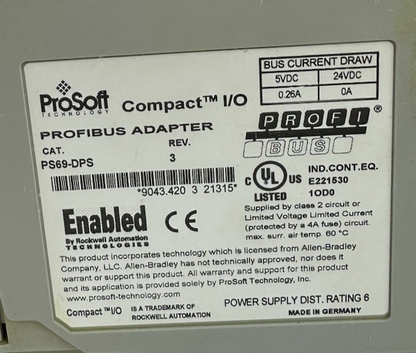 ProSoft PS69-DPS Profibus Adapter 5VDC 24VDC 0.26A