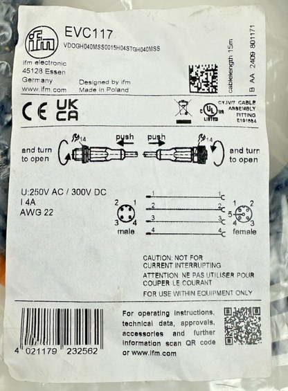 IFM EVC117 VDOGH040MSS0015H04STGH040MS CORDSET CABLE 15M 250V-AC 300V-DC