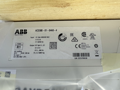 ABB ACS580-01-04A8-4 VFD VARIABLE FREQUENCY DRIVE 3HP 2.2KW 3PH 400-480VAC 4.8A