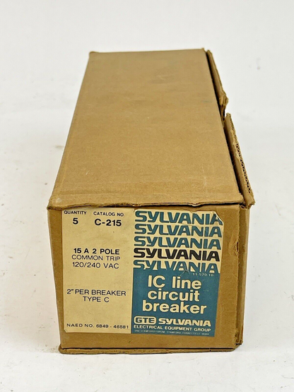 GTE SYLVANIA *BOX OF 5*-C-215- 2 POLE, 15 A, 240 VAC LC LINE CIRCUIT BREAKER
