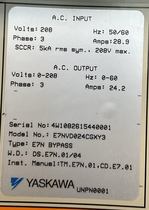 YASKAWA E7NVD024CGXY3 E7 DRIVE BYPASS OUTPUT 0-200VAC 3PH 24.2A INPUT 200VAC 3PH