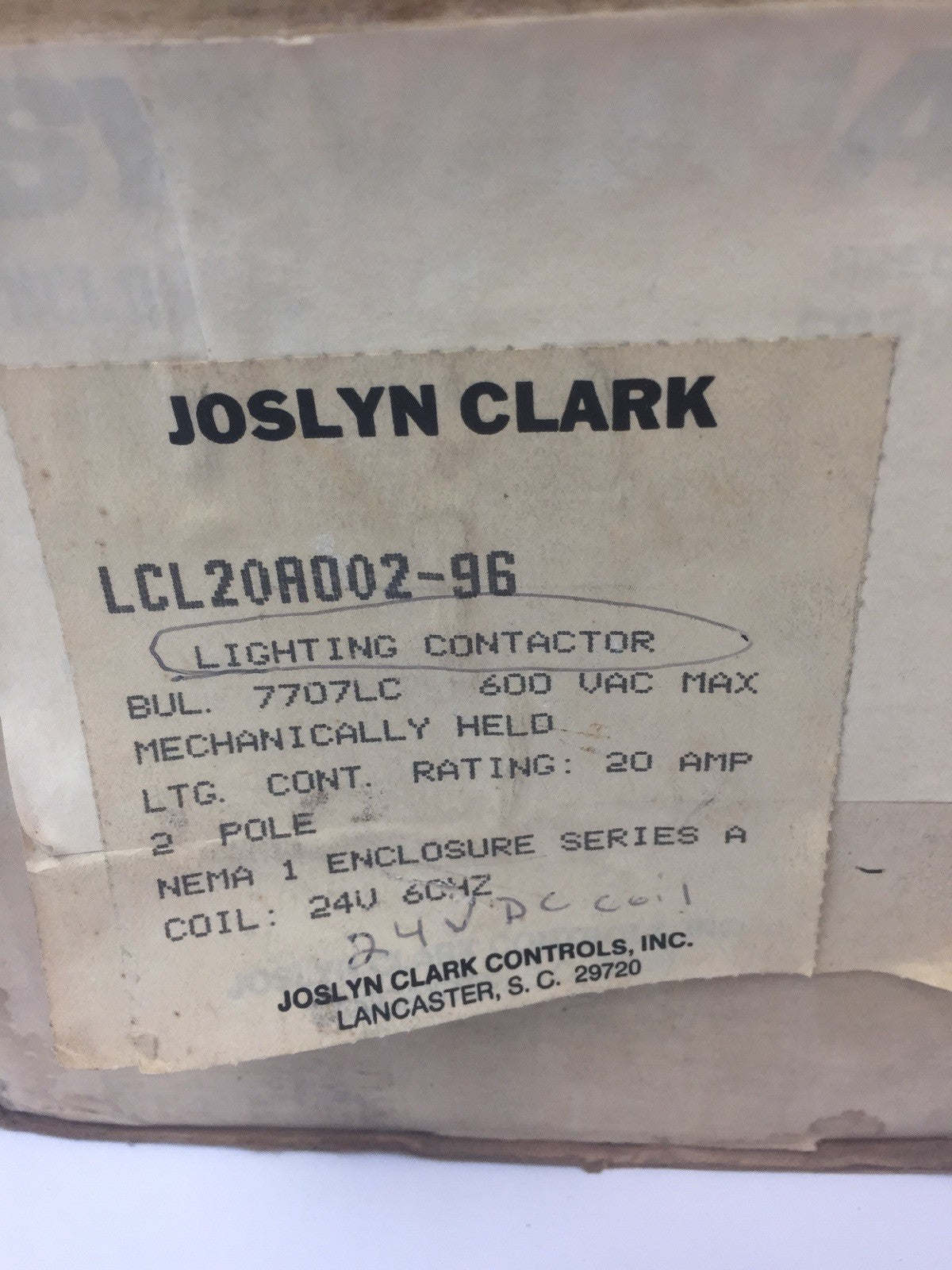 JOSLYN CLARK SYLVANIA LCL20A002-96 LIGHTING CONTACTOR 600VAC 20A COIL 24VDC 60H