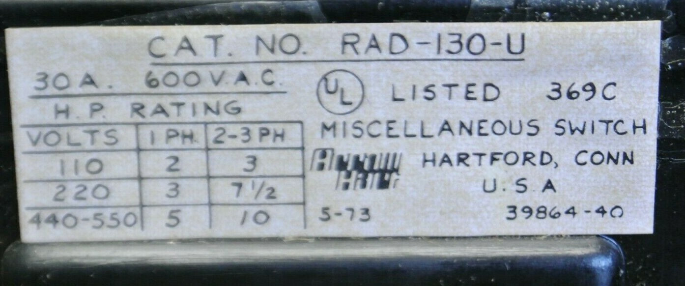 ARROW-HART RAD-130-U MISCELLANEOUS SWITCH / 30A / 600V / NEW SURPLUS