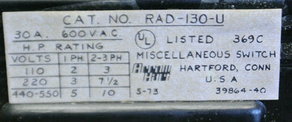ARROW-HART RAD-130-U MISCELLANEOUS SWITCH / 30A / 600V / NEW SURPLUS