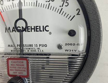 DWYER 2002-ASF-SF MAGNEHELIC PRESSURE GAUGE 15PSIG W31Y CF 0-2IN OF WATER