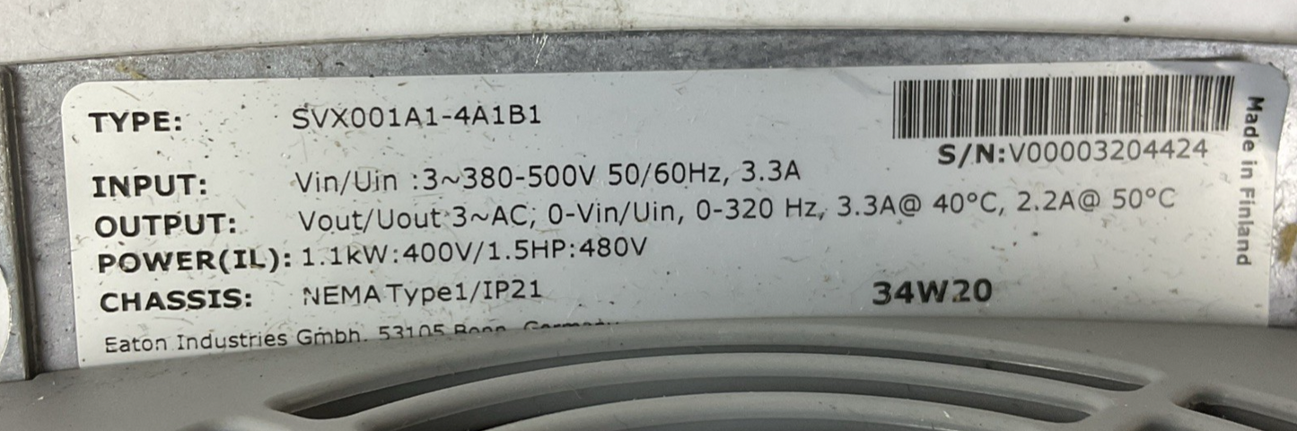 EATON SVX001A1-4A1B1 AC DRIVE 3.3A 1.5HP 480V 1.1KW FRM:SVX00031V03 320HZ