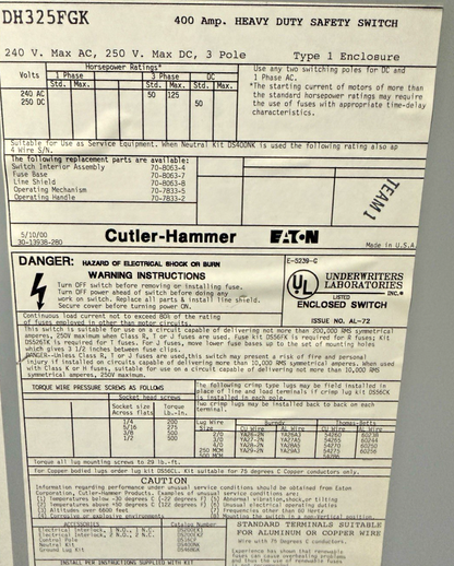 CUTLER HAMMER DH325FGK DISCONNECT SWITCH 400A 3PH 240V NEMA 1 FUSIBLE TYPE1