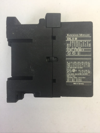 KLOCKNER MOELLER STARTER DIL 0M CONTACTOR 3POLE 250VDC 35A 15HP COIL 115V 60HZ