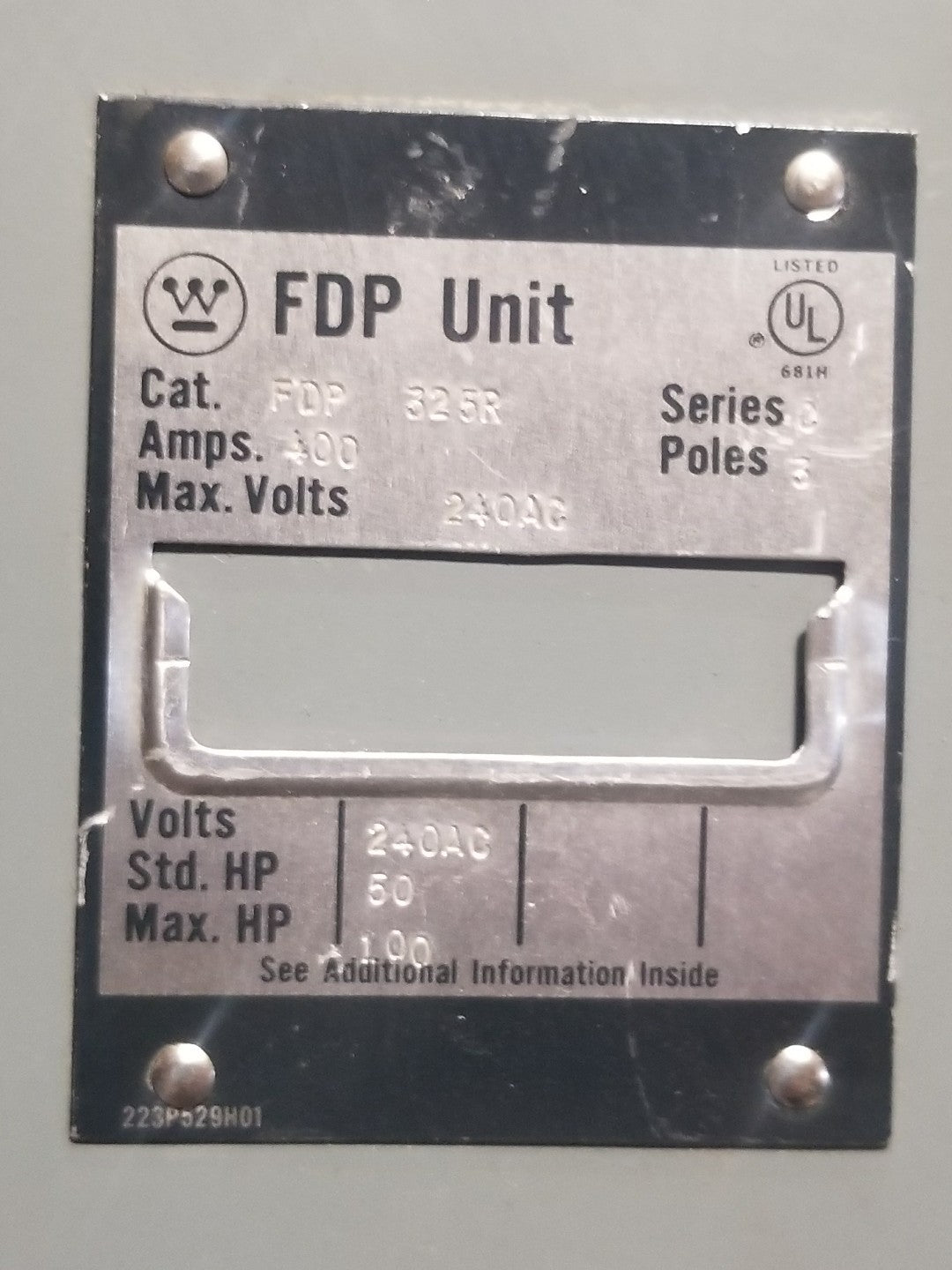 Westinghouse FDP-325R 400 Amp 240V FDP Unit Panelboard Switch 400A