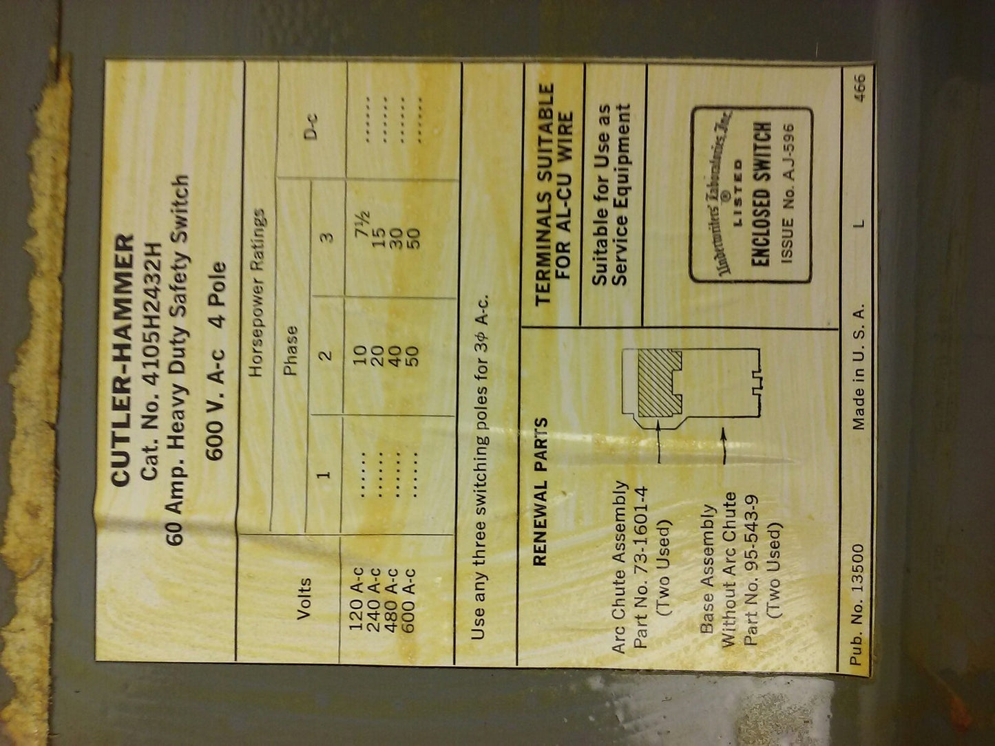 CUTLER HAMMER 4105H2432H, H.D. SAFETY SWITCH, 60A, 600VAC, 4 POLE, MAX H.P. 50