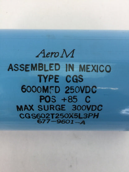 AERO M CGS602T250X5L3PH CAPACITOR 600MFD 250VDC POS +85 C MAX SURGE 300VDC