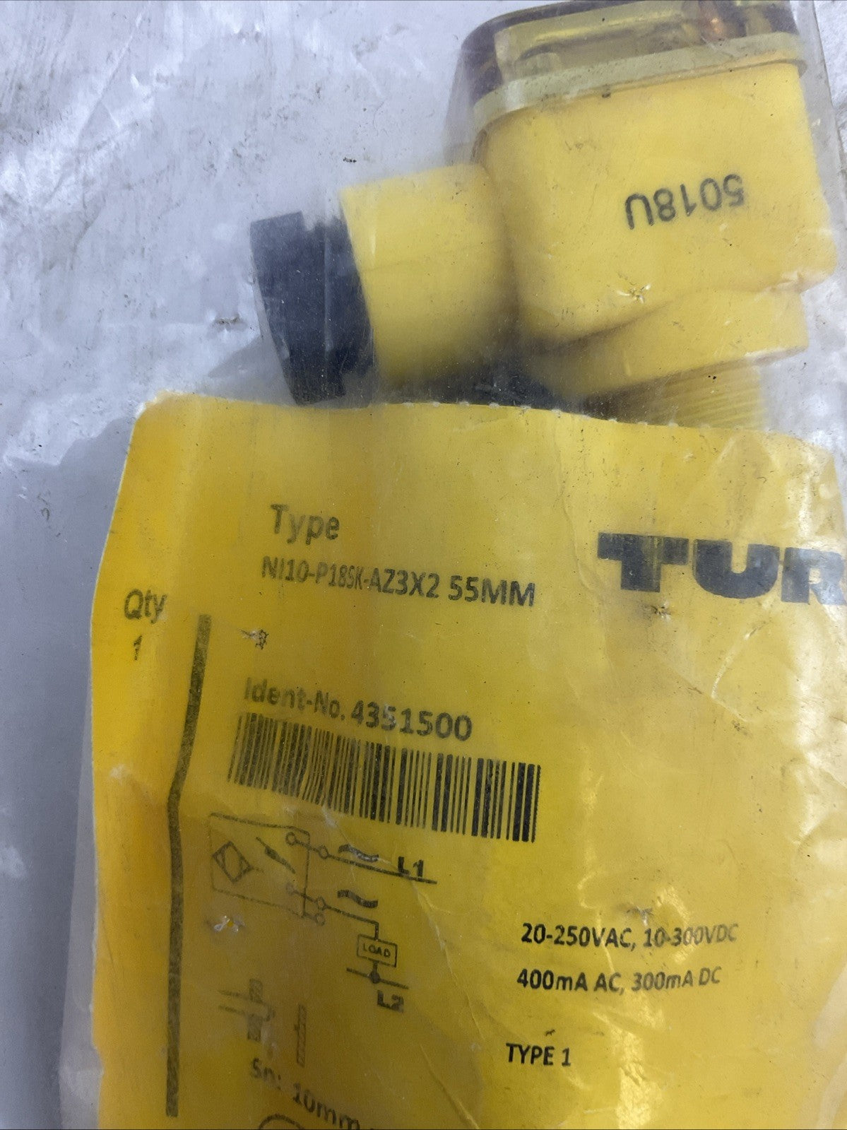 TURCK NI10-P18SK-AZ3X2 55MM INDUCTIVE SENSOR 20-250VAC 10-300VDC