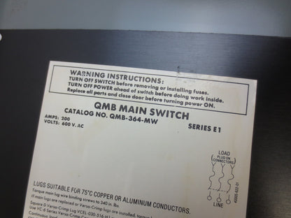 SQUARE D QMB-364-MW FUSIBLE PANEL SWITCH - 600VAC, 200A, 3-POLE