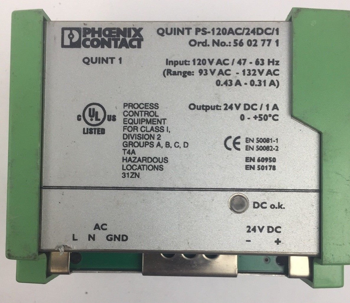 PHOENIX CONTACT QUINT PS-120AC/24DC/1 120VAC 47-63HZ 24VDC 1A