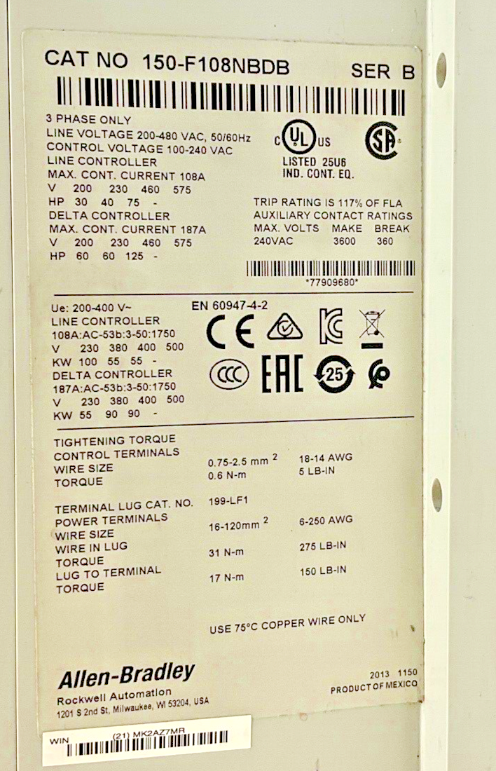 ALLEN BRADLEY FLEX SMART MOTOR CONTROL  150-F108NBDB 3PH SER.B 240VAC