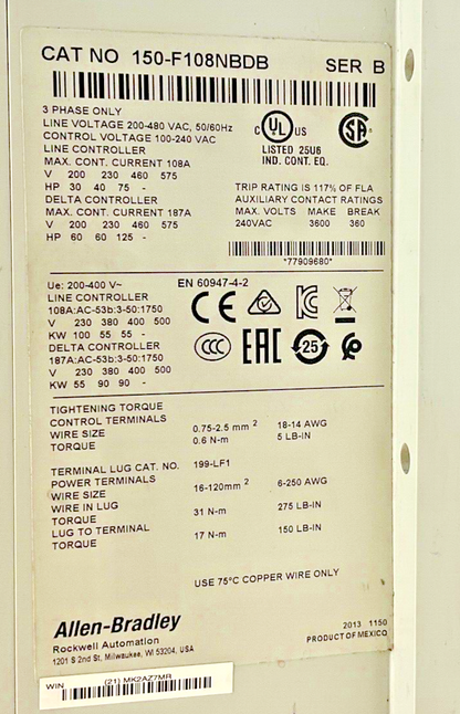ALLEN BRADLEY FLEX SMART MOTOR CONTROL  150-F108NBDB 3PH SER.B 240VAC