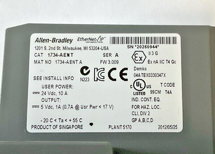 ALLEN BRADLEY 1734-AENT ETHERNET ADAPTER SER.A FW.3.009 24VDC W /1734-RTB